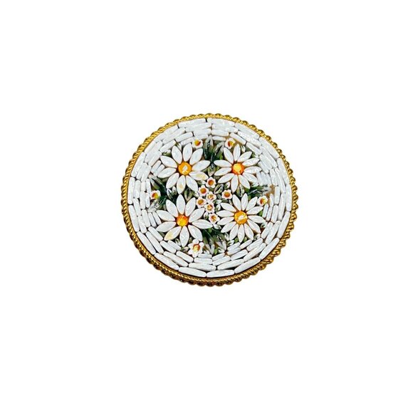Vintage Italian Mosaic Brooch Pin Round Floral Design Gold Tone Button Pin - Picture 1 of 6